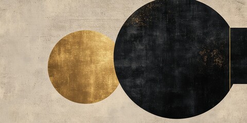 Abstract Gold and Black Circles on Beige Background