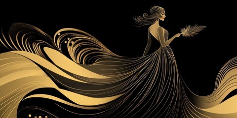 Obraz premium Elegant Woman in Gold Gown with Flowing Fabric