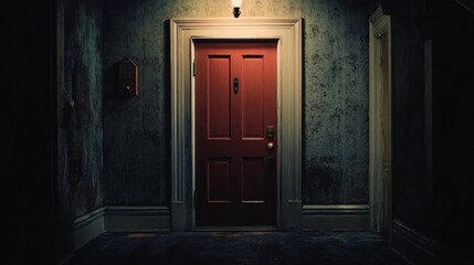 A dimly lit hallway featuring a red door, evoking mystery and anticipation.