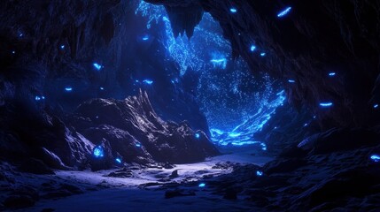 A breathtaking cave with glowing bioluminescent fungi covering the walls, casting a magical blue light on the rocky floor.