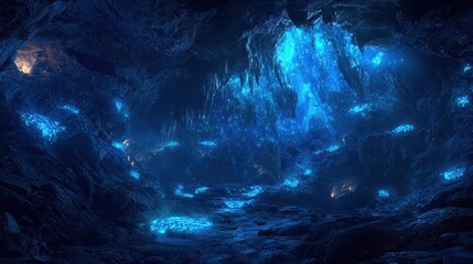 Obraz premium A breathtaking cave with glowing bioluminescent fungi covering the walls, casting a magical blue light on the rocky floor.