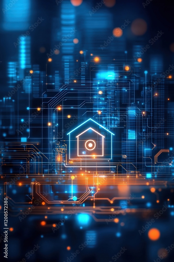 Wall mural digital home icon with tech circuit background