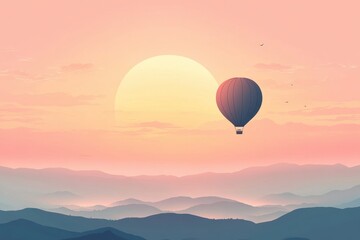 Fototapeta premium Hot Air Balloon Soaring Over Misty Mountain Ranges at Sunset