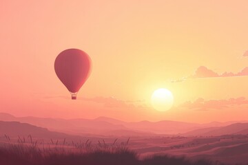 Hot Air Balloon Soaring Over Sunset Landscape