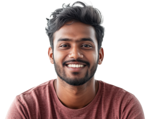 Smiling young man with dark hair, wearing casual shirt, isolated on transparency background. His cheerful expression conveys warmth and friendliness