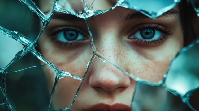 Reflective shards of broken glass reveal the fractured features of a person in a dramatic close up. Generative AI