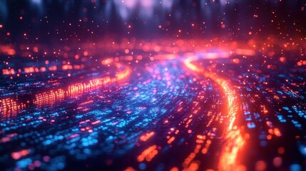 Futuristic Digital River of Glowing Binary Code in Cyberpunk Style