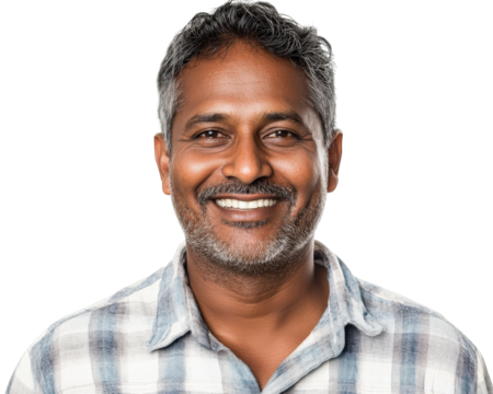 Smiling Indian man with gray hair wearing checkered shirt, isolated on transparency background, exuding warmth and friendliness - Powered by Adobe