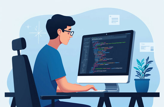 A software developer working on a computer with lines of source code displayed on the monitor, in a vector style illustration, application, programmer