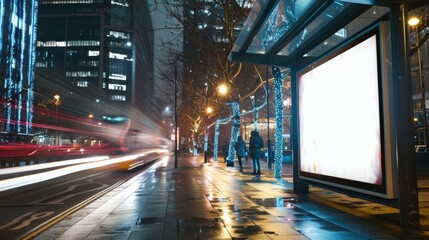 Obraz premium Design a nighttime cityscape centered around a modern bus stop, The primary feature is a brightly lit