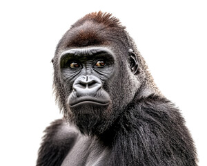 Obraz premium Majestic gorilla with intense gaze, showcasing powerful features and rich fur. This striking animal embodies strength and grace in its natural beauty