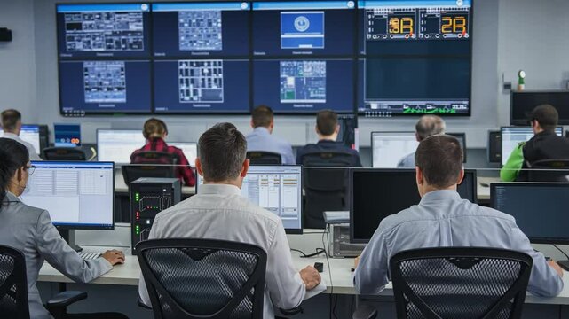 Monitoring the Network: A team of IT specialists intently monitors a vast network of screens displaying complex data streams in a high-tech control room.
