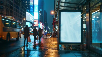 Design a nighttime cityscape featuring a modern bus stop, The central element is a brightly lit