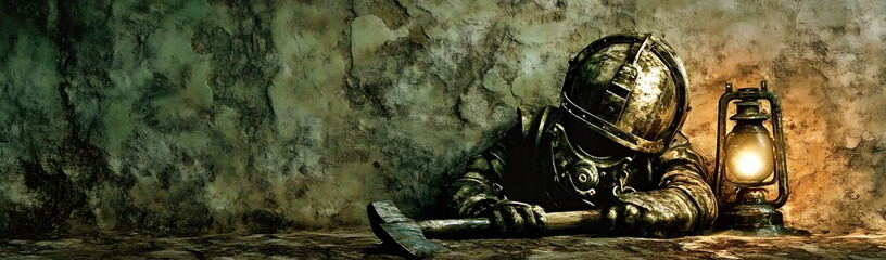 Mysterious Figure with Lantern in Dark, Textured Setting