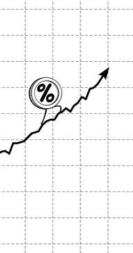 Percent rate still goes up  whiteboard vertical. Walking up coin seamless loop 9:16 4K. Black and white % character rising fast. Funny business cartoon. Interest rate growth metaphor for business use.