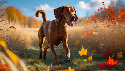 A cute dachshund and rhodesian ridgeback puppy sitting together in a meadow