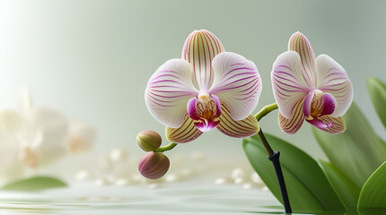 A close-up of a beautiful pink orchid flower on a green background