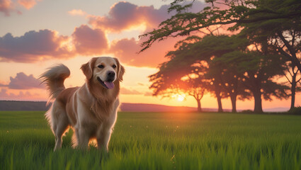 A happy golden retriever puppy sits in a green summer field, enjoying the warm sunset