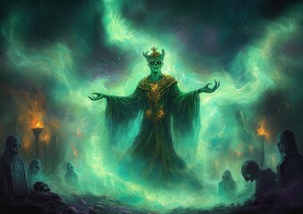 Digital painting of a spectral sorcerer in a misty graveyard with green light raising undead in dark fantasy style