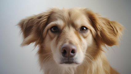 Portrait of a happy golden retriever puppy sitting in a studio