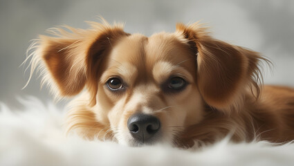 A golden retriever puppy portrait sitting in a studio, looking adorable and fluffy