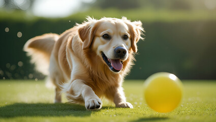A happy golden retriever puppy sitting in the grass, looking cute and playful