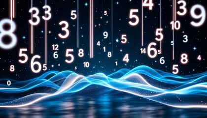 Abstract glowing numbers falling on wavy surface. Concept of big data, internet, and technology.