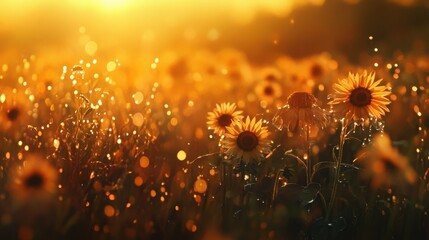Obraz premium A vibrant sunflower field at sunrise, with golden light illuminating the flowers and dew on their petals.