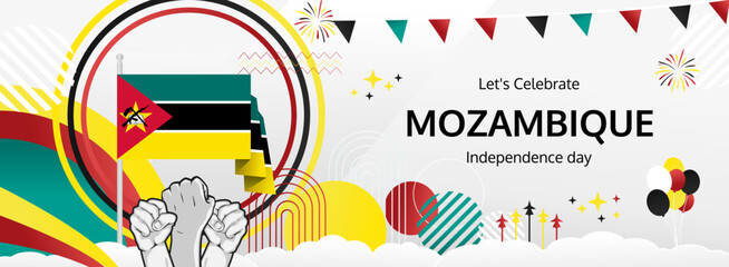 Mozambique Independence Day modern greeting banner. 25th June Happy National Day. Holidays abstract concept in flag colors. Great for event like carnival, feast poster, support, culture and tourism