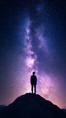 Fototapeta premium Silhouette of a person gazing at a starry night sky filled with vibrant galactic colors.