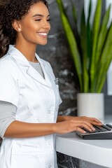 Smiling African-American female doctor working at a computer in a modern clinic.