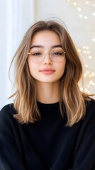Fototapeta premium Smiling young woman with long brown hair and round glasses against a soft background.