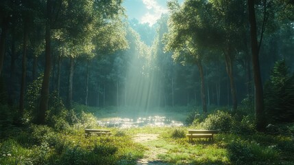 Obraz premium A serene forest scene with benches and sunlight illuminating a tranquil pond.