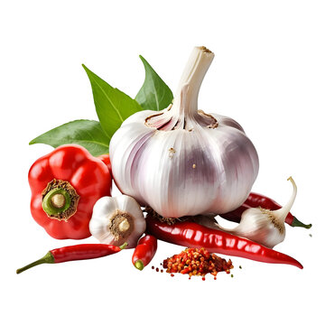 Garlic and chili peppers arranged together, set against a clean white backdrop.