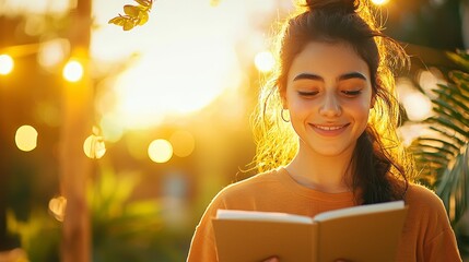Young Woman Enjoys Outdoor Poetry Recital in Beautiful Garden at Sunset