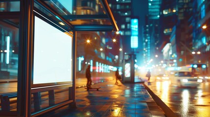 Fototapeta premium Illustrate a close-up nighttime scene of a sleek bus stop, The main focus is a brightly lit
