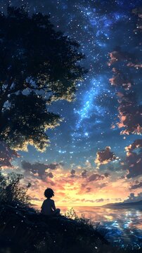 A contemplative boy gazes at a starry sky during sunset by a calm lake.