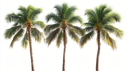 Fototapeta premium Three Lush Coconut Palm Trees on White Background Tropical Paradise Vacation Idyllic Summer Scene