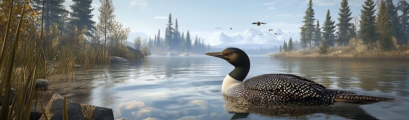 Serene Loon on a Calm Lake Surrounded by Majestic Mountains and Lush Forest