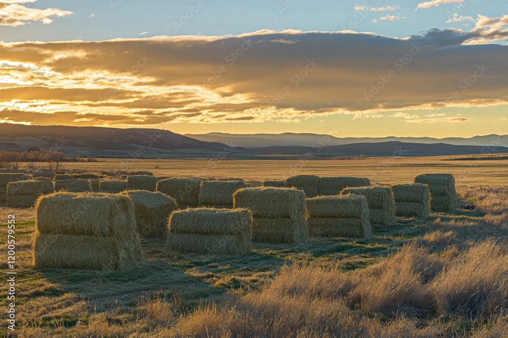 Poster Golden sunset over fields with hay bales neatly arranged in the countryside. Generative AI
