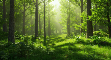 Fototapeta premium Sunlit Green Forest Path Lush Nature Scene Tranquil Woods