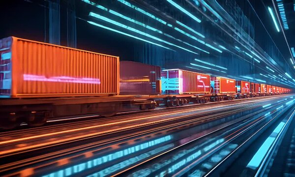 Cargo train, futuristic city, digital data stream, fast transportation, logistics