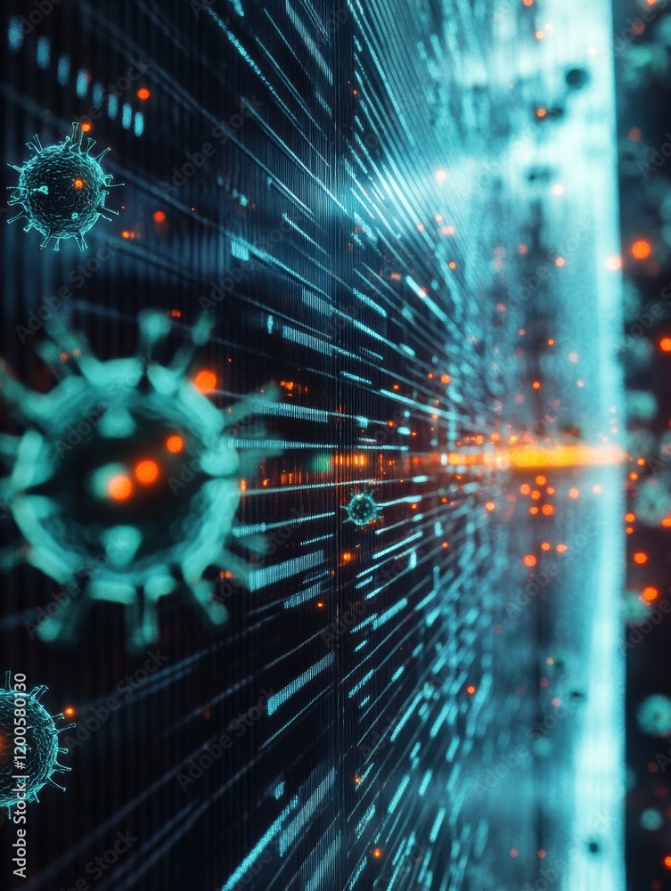 Poster Strong glowing wall effectively deflects viruses in a futuristic digital environment with highlighted data streams. Generative AI