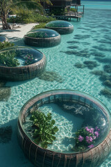 Futuristic Beach Pods in Tropical Paradise