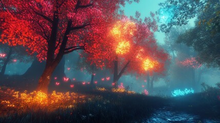 Naklejka premium Enchanted forest with glowing trees, butterflies, and stream. Ideal for fantasy, magical, or mystical themes.