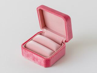 top view of an open empty pink velvet ring box, on a white background