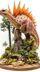 Fototapeta premium Vibrant Dinosaur Sculpture on Tree Stump in Lush Miniature Forest Diorama