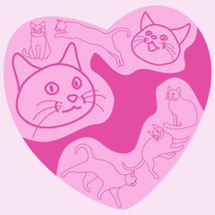 shape love with cat pattern, vector illustration, cute abstract style