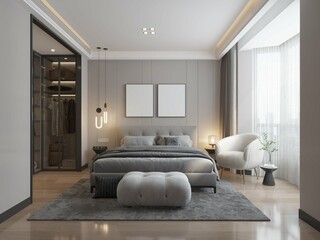 modern contemporary masculine bedroom with two mockup poster framed on the wall. 3d rendering