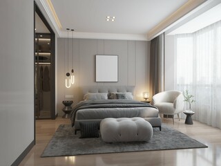 modern contemporary masculine bedroom with mockup poster framed on the wall. 3d rendering